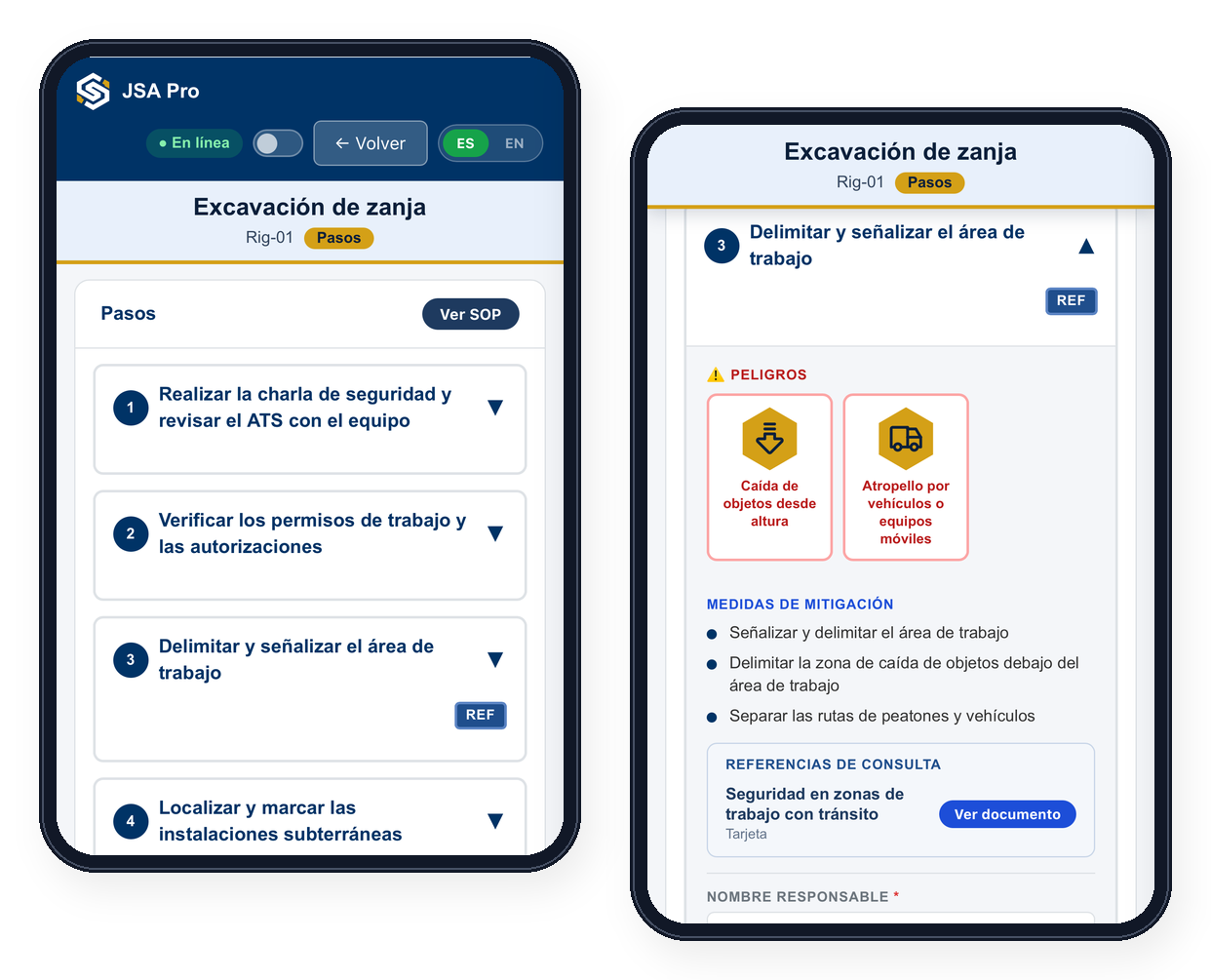 JSA Pro en un equipo móvil: lista de pasos del ATS y un paso abierto con peligros, mitigaciones y referencia de consulta