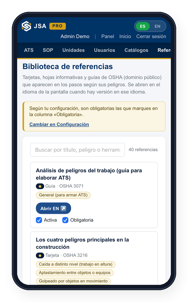 JSA Pro: biblioteca de referencias de OSHA con referencias activas y obligatorias