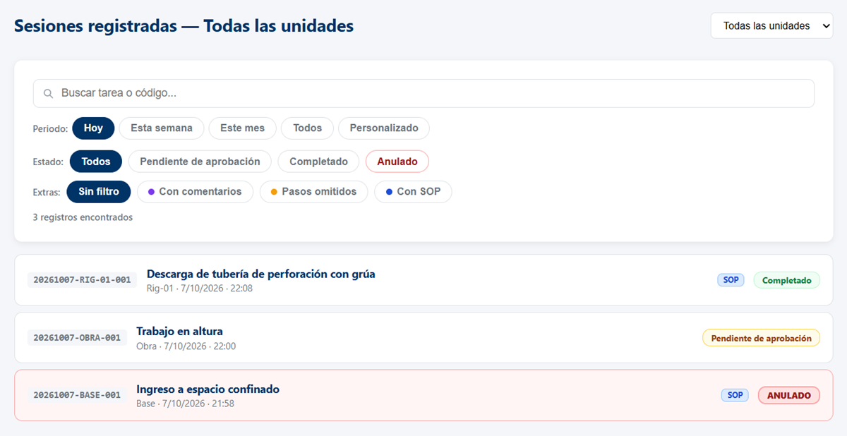 JSA Pro: lista de sesiones registradas con estados completado, pendiente de aprobación y anulado